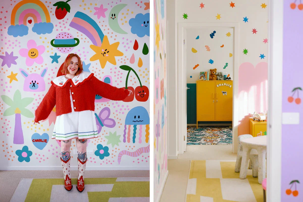Cass Danson standing in front of a colourful wall in her home with a Mustard locker