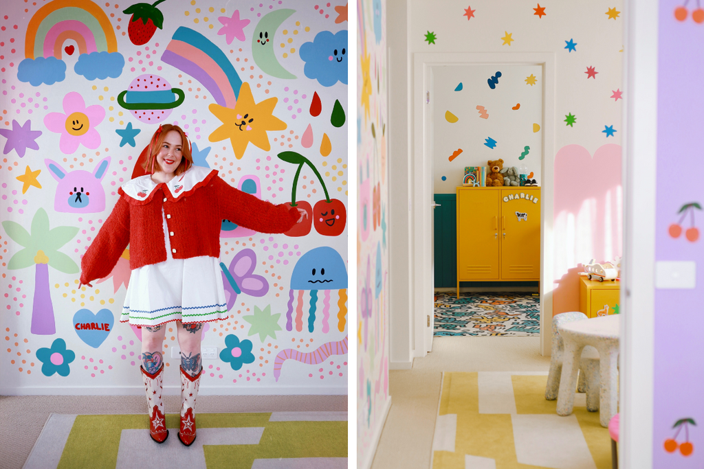 Cass Danson standing in front of a colourful wall in her home with a Mustard locker