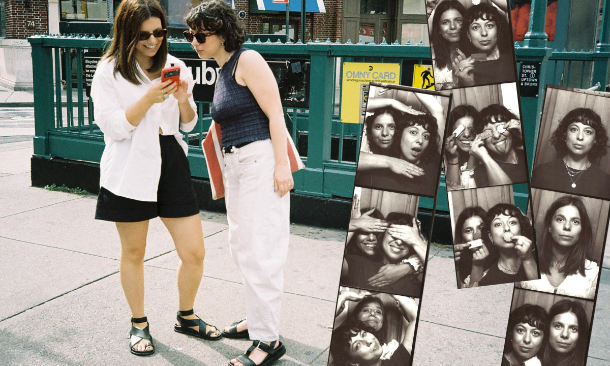 Becca and Jess outside a New York subway entrance, beside black and white photo booth strips of the sisters