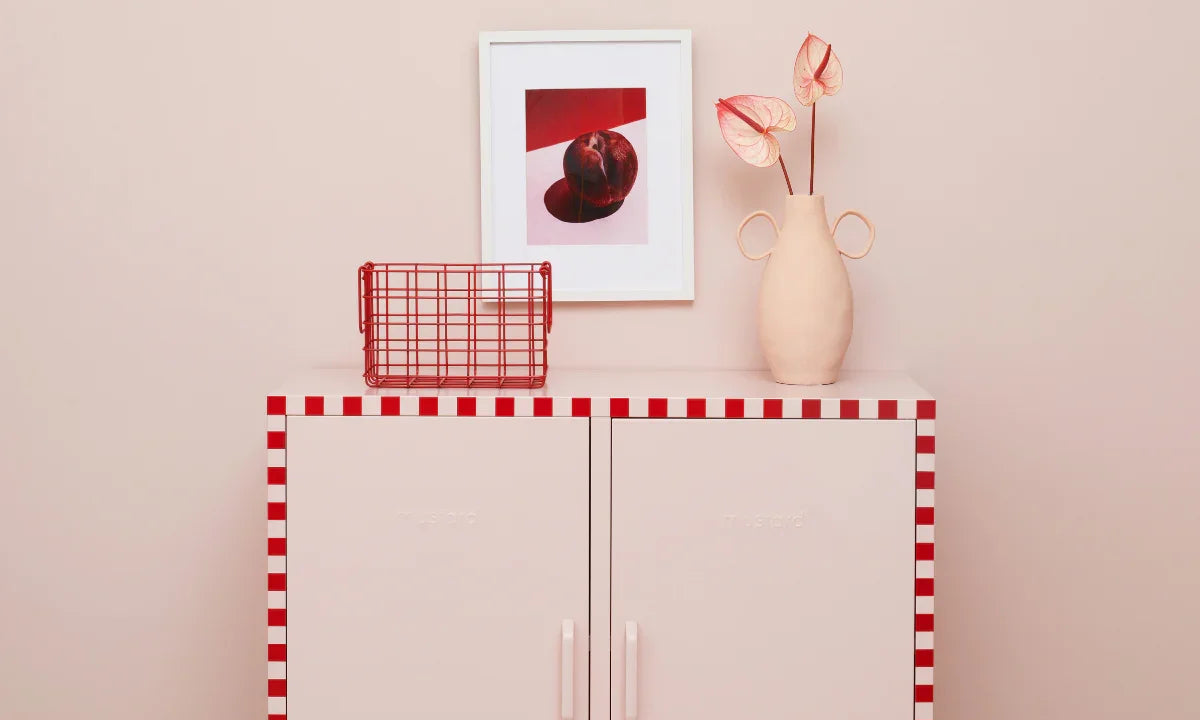 The Midi in Blush Locker with red checkerboard vinyl decals