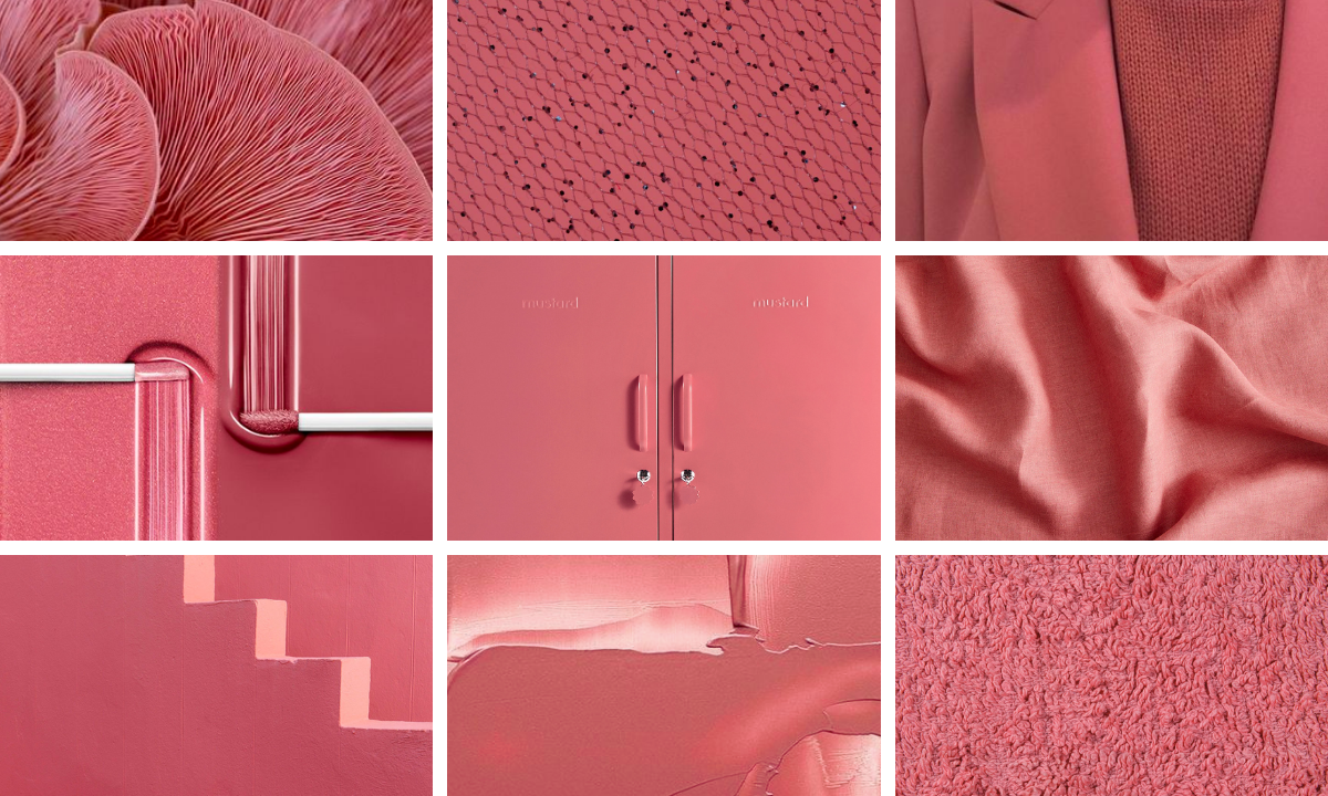 A collage of nine images, each image is coloured berry pink.