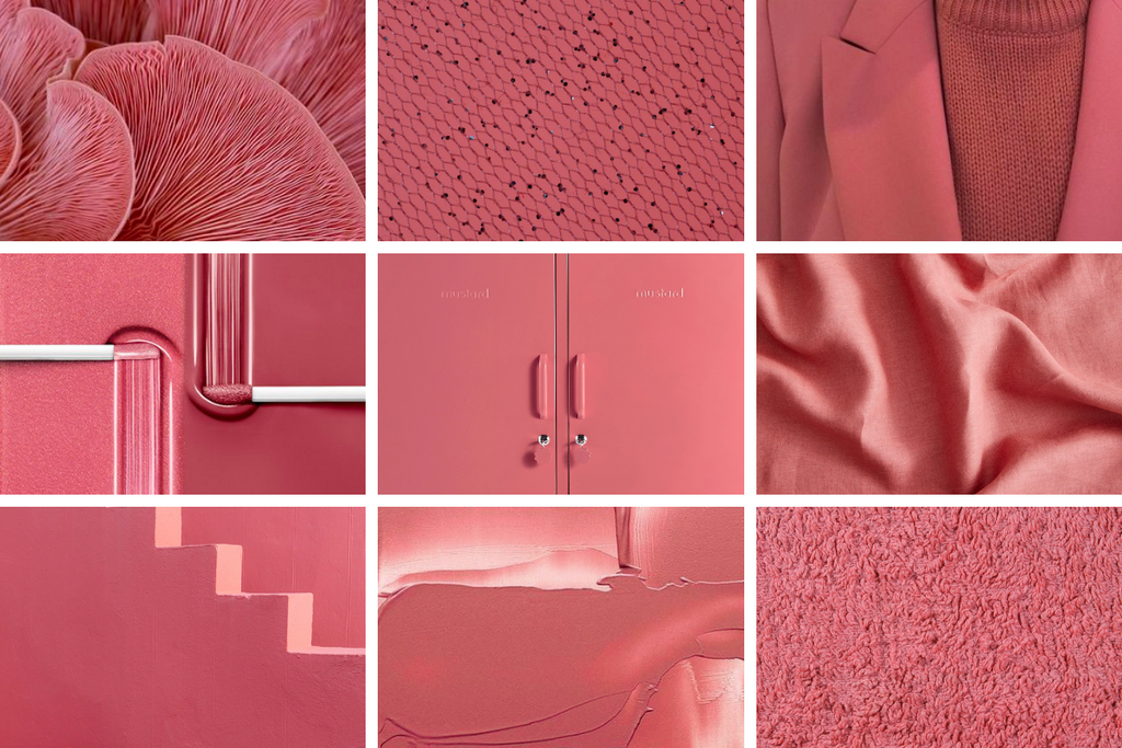 A collage of nine images, each image is coloured berry pink.