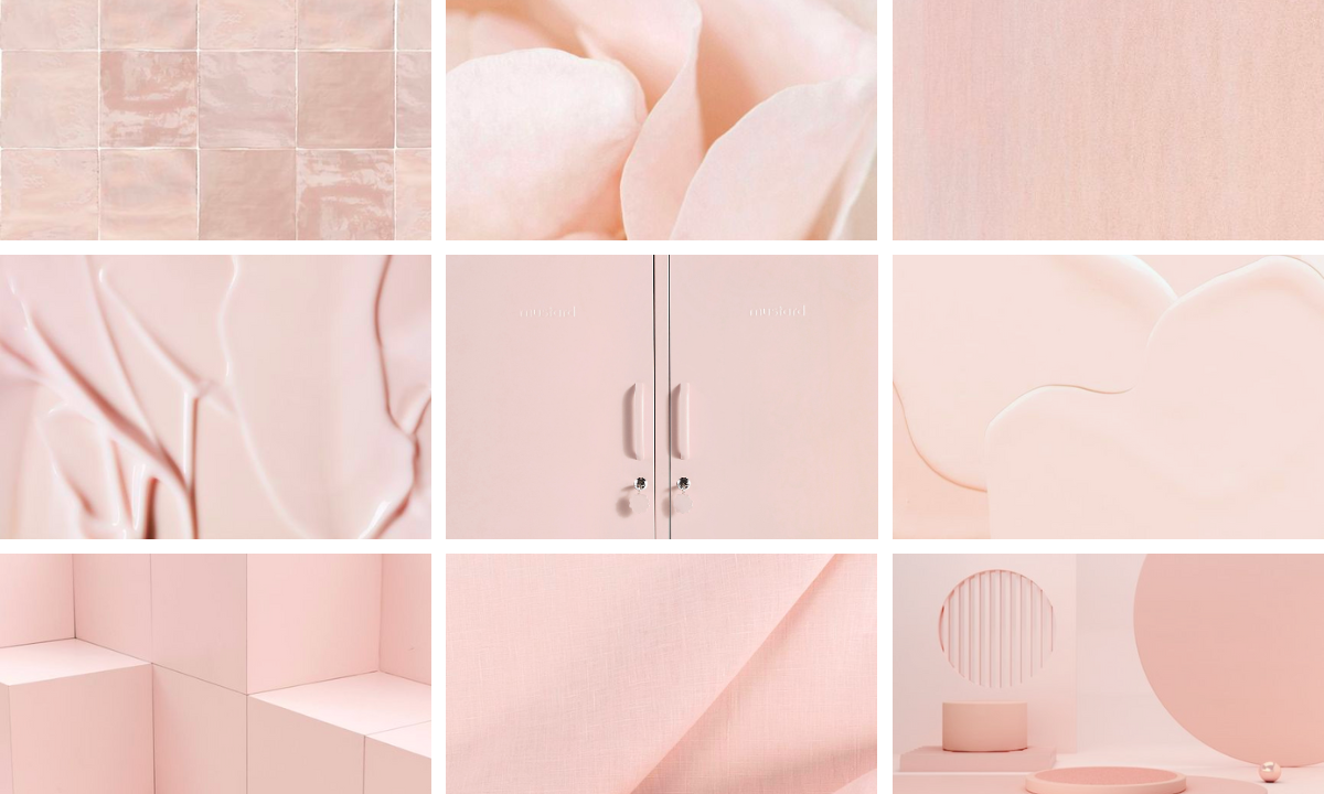 A grid of 9 blush pink images of different textures and finishes