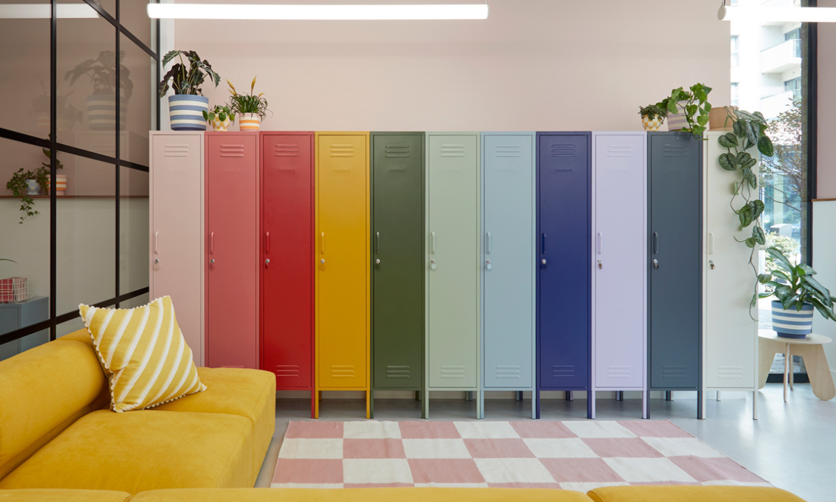 A row of Mustard Made Skinny Lockers lined up in different colours