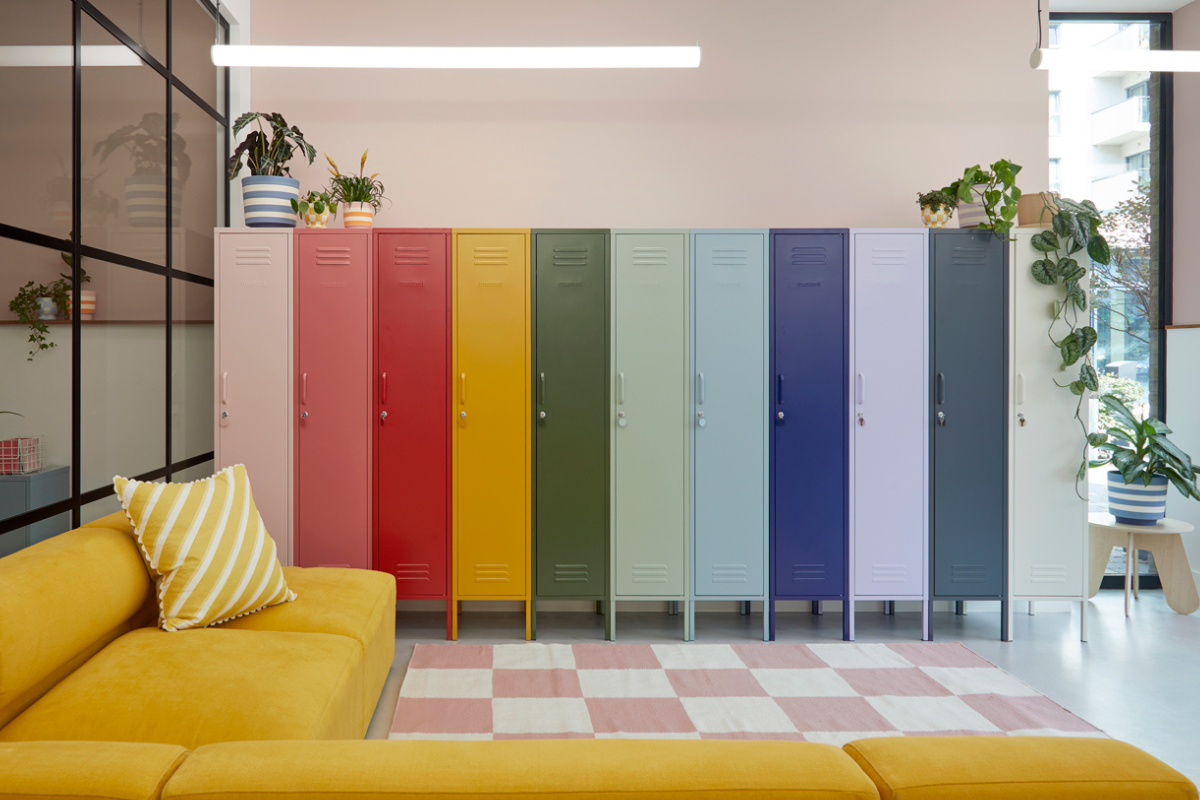 A row of Mustard Made Skinny Lockers lined up in different colours