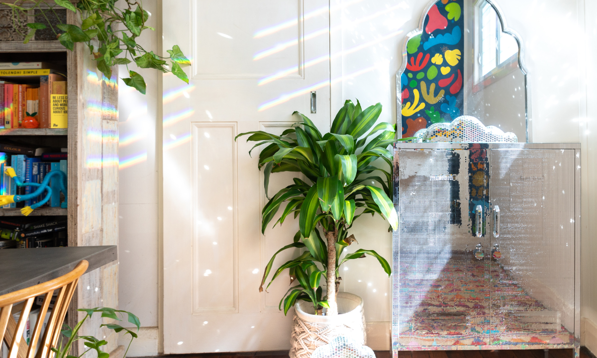 A Midi locker is covered in mirrored squares so that it looks like a square mirrorball. It sits in a white room with leafy plants, and there are glittery shards of sunlight scattering off its reflection.