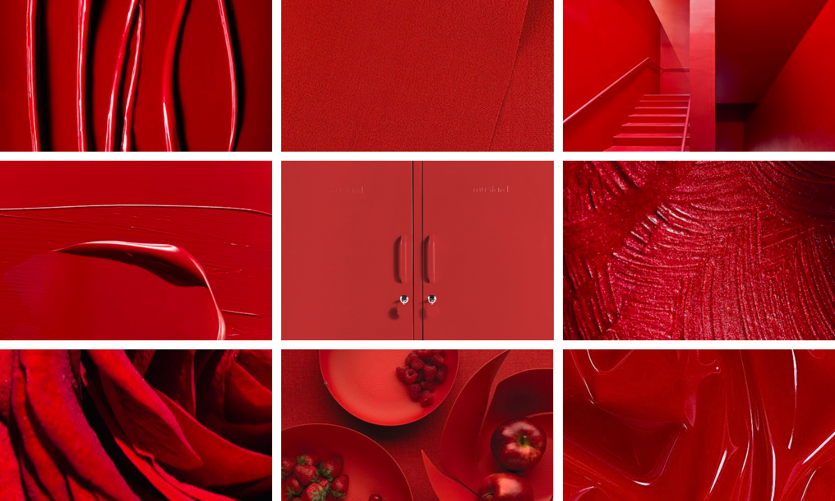 A grid of 9 close up images of different textures in Poppy red