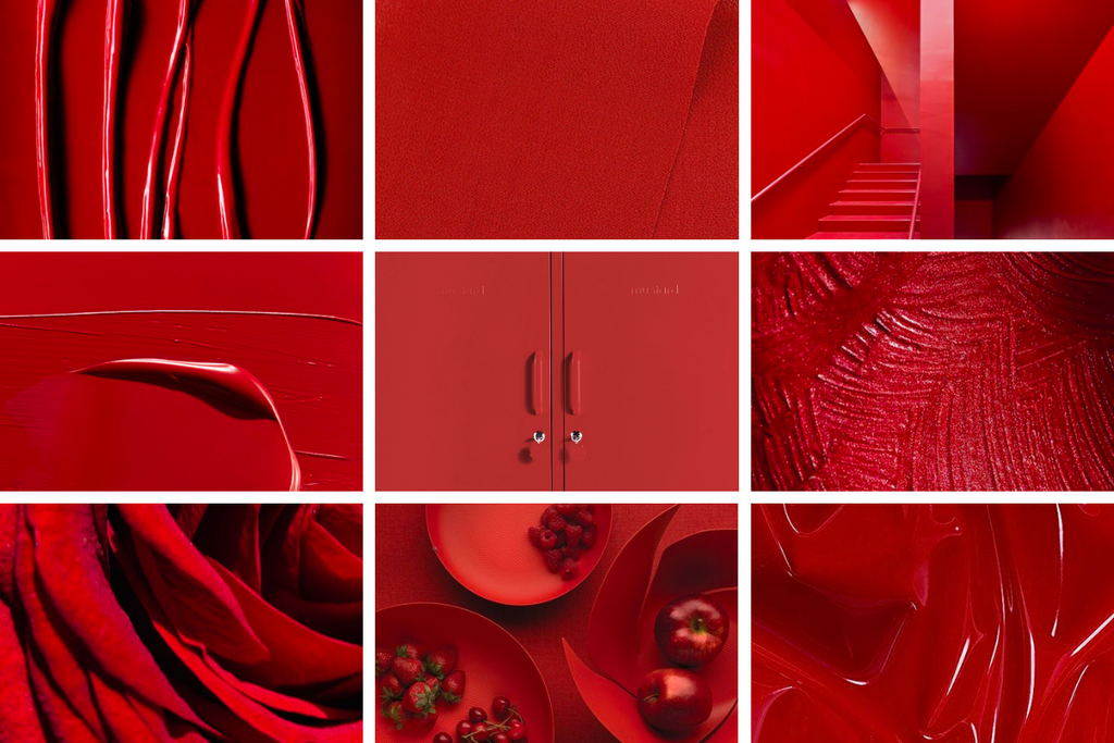 A grid of 9 close up images of different textures in Poppy red