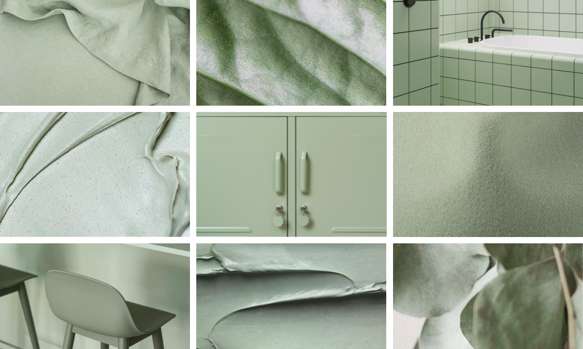 A collage of closeups of textures and finishes in shades of sage green.